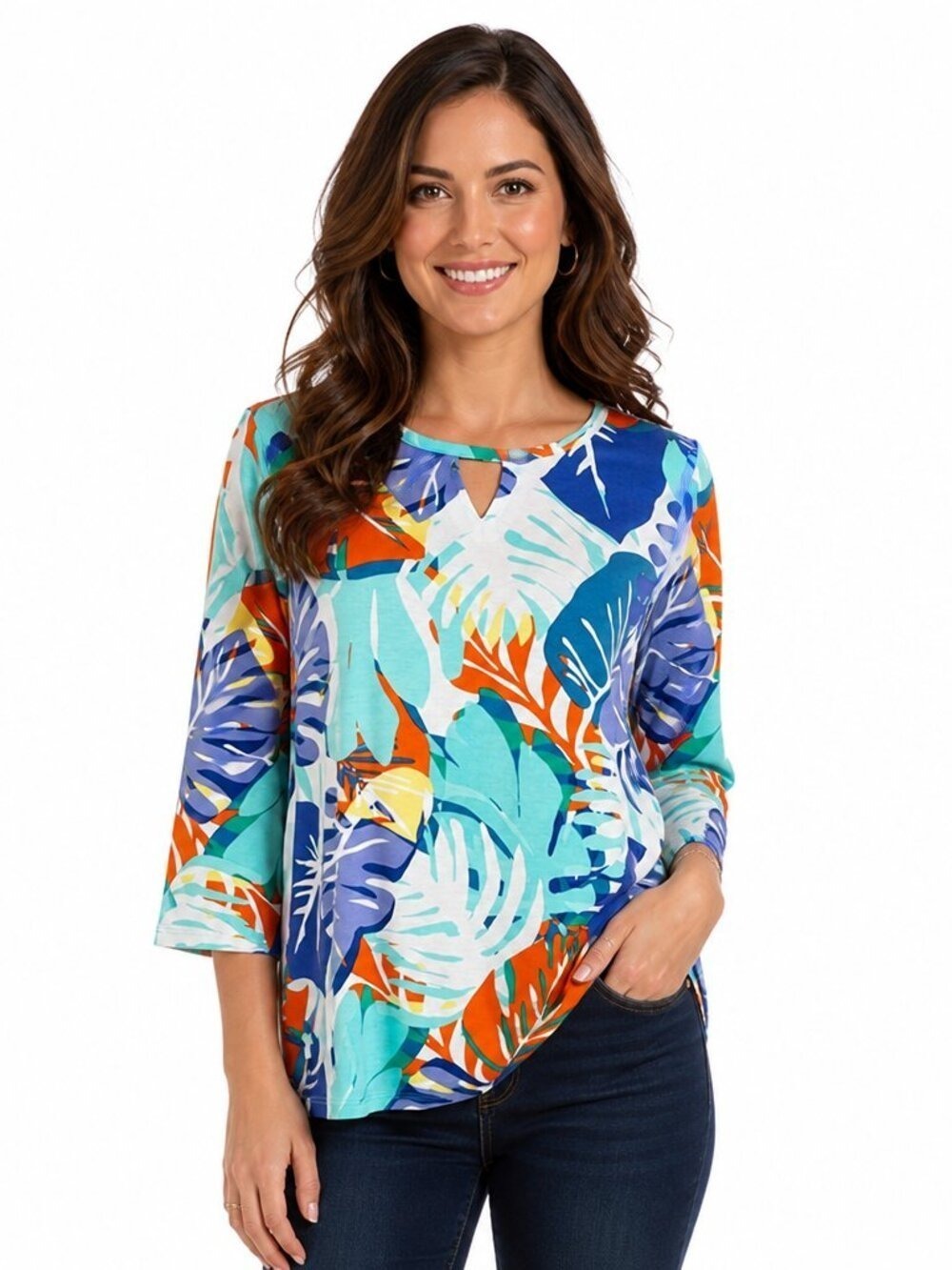 Ruby Rd. Tropical Print Tunic Top PL Petite Large | 3/4 Sleeve Multicolor Floral
